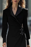 Black Pencil Shawl Lapel Midi Work Dress with Slit
