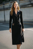 Black A Line Peak Lapel Double Breasted Midi Work Dress with Sleeves