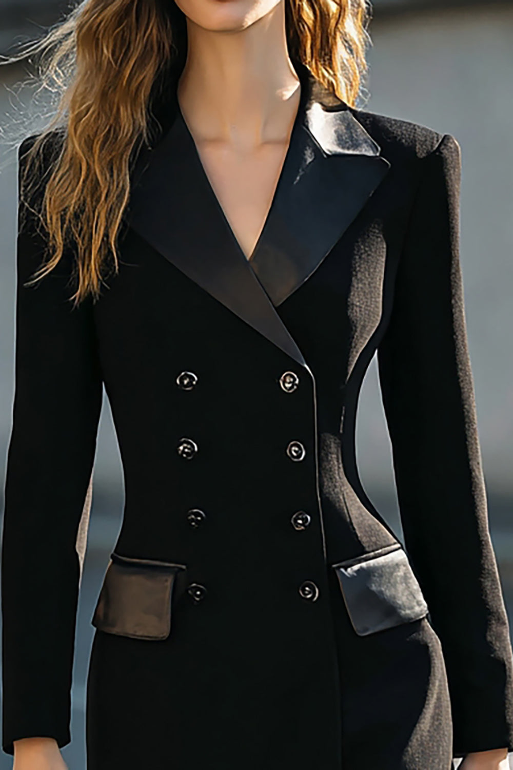 Black A Line Peak Lapel Double Breasted Midi Work Dress with Sleeves