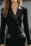 Black A Line Peak Lapel Double Breasted Midi Work Dress with Sleeves