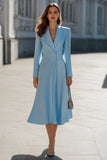 Sky Blue A Line Satin Shawl Lapel Midi Work Dress with Sleeves