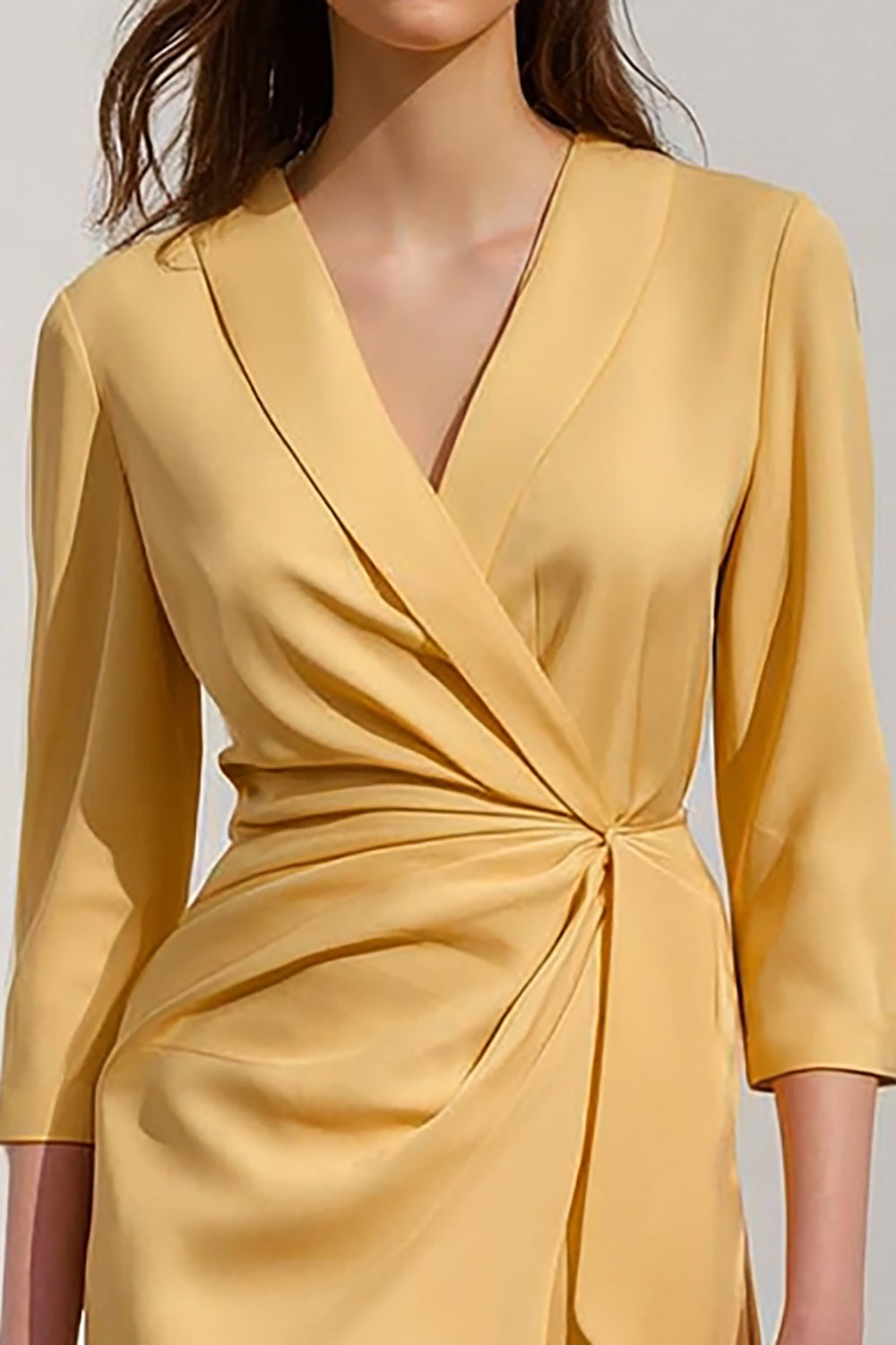 Yellow Shawl Lapel 3/4 Sleeve Ruched Sheath Work Dress