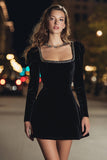 Square Neck Black A Line Velvet Homecoming Dress
