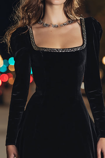 Square Neck Black A Line Velvet Homecoming Dress