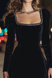 Square Neck Black A Line Velvet Homecoming Dress
