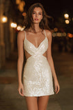 Sparkly Ivory Bodycon Spaghetti Straps Cut Out Short Cocktail Dress With Sequins