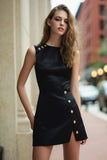 Black Satin Tight Buttons Short Cocktail Dress With Slit