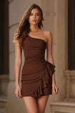 Coffee One Shoulder Tight Short Cocktail Dress With Ruffles