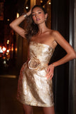 Champagne Jacquared Tight Strapless Short Cocktail Dress