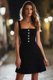 Black A Line Square Neck Tweed Buttons Short Cocktail Dress