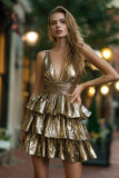 Sparkly Gold Metallic A Line Short Tiered Cocktail Dress With Ruffles