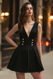 Black A Line Satin Buttons Short Cocktail Dress