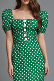 Green Satin Square Neck Sheath Tea Length Polka Dots Dress