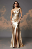 Glitter Gold Sheath One Shoulder Ruched Formal Dress with Slit