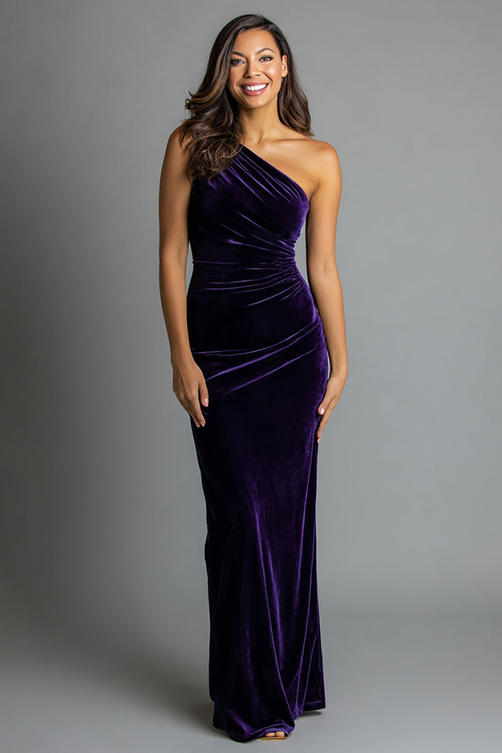 Plum One Shoulder Mermaid Velvet Long Formal Dress
