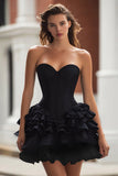 Black Satin Tiered Short Corset Cocktail Dress with Ruffles