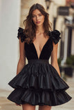 Black Velvet V-Neck A Line Tiered Homecoming Dress
