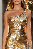 Gold Metallic One Shoulder Short Tight Homecoming Dress