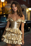 Gold Metallic Off The Shoulder Ruffled Pleated Short Homecoming Dress