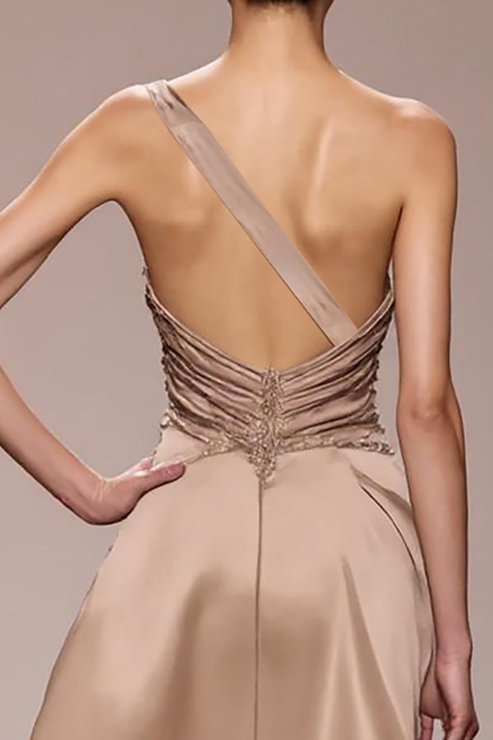 Champagne Satin Ruched One Shoulder Long Formal  Dress