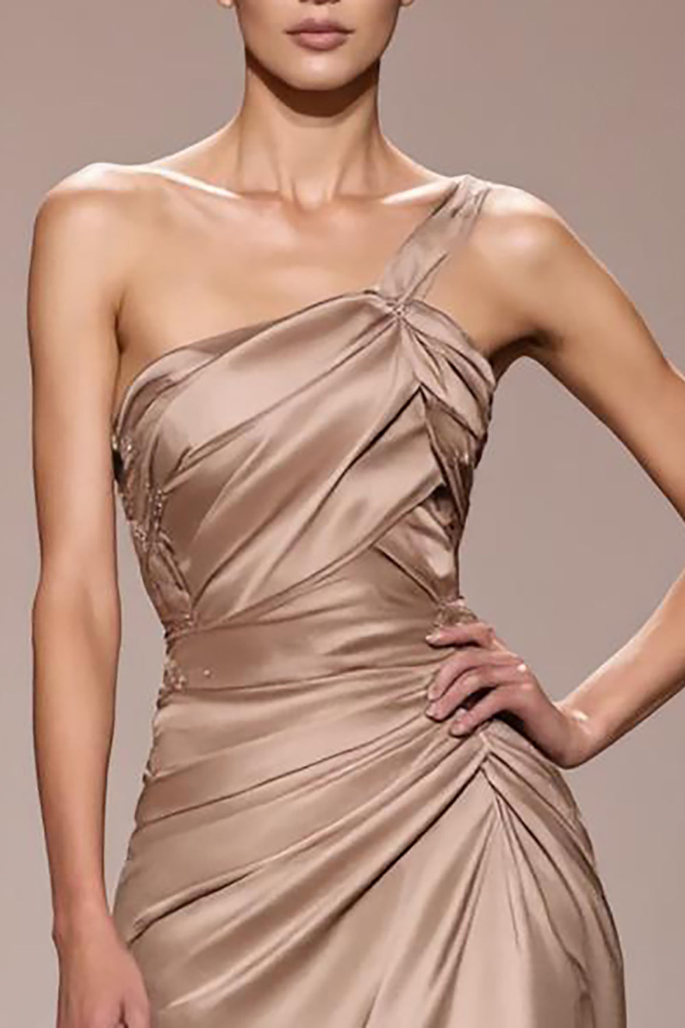 Champagne Satin Ruched One Shoulder Long Formal  Dress