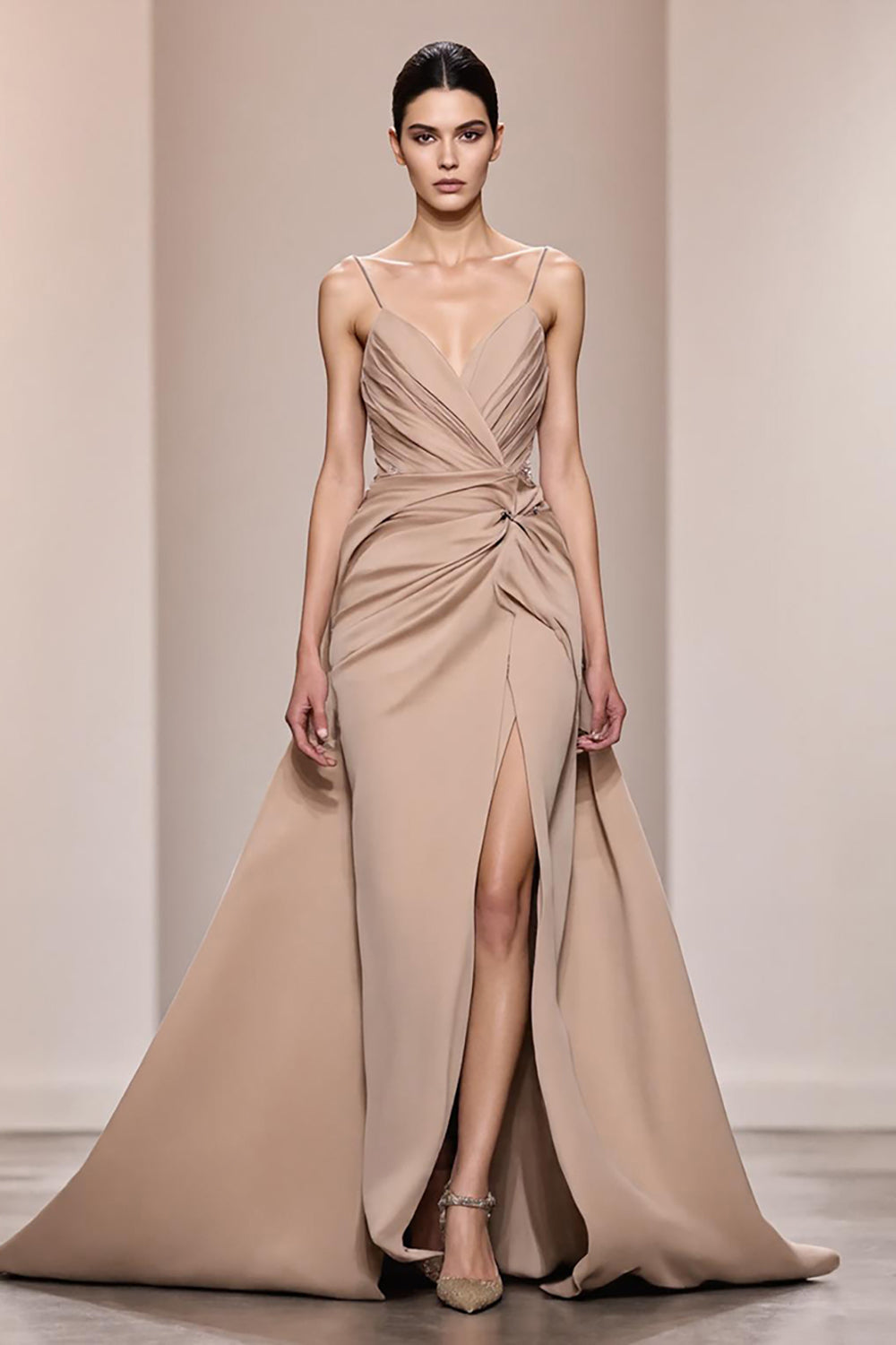 Champagne Satin Ruched Long Formal Dress with Slit
