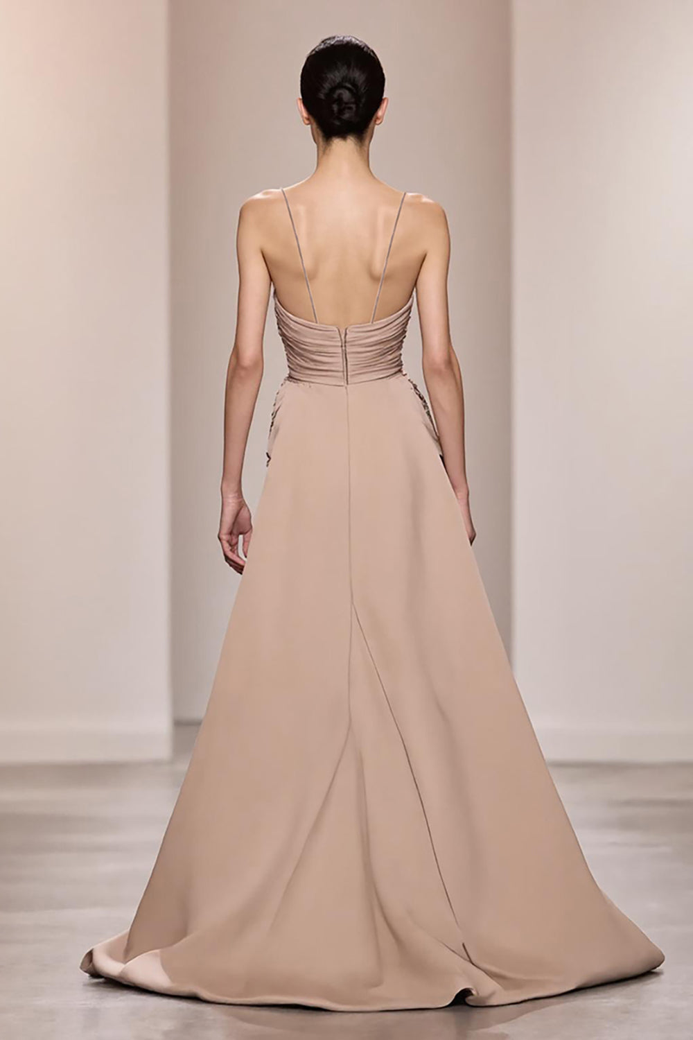 Champagne Satin Ruched Long Formal Dress with Slit