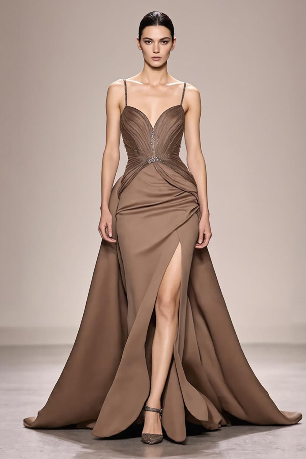 Sparkly Coffee Satin Ruched A Line Long Formal Dress With Slit