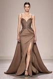 Sparkly Coffee Satin Ruched A Line Long Formal Dress With Slit