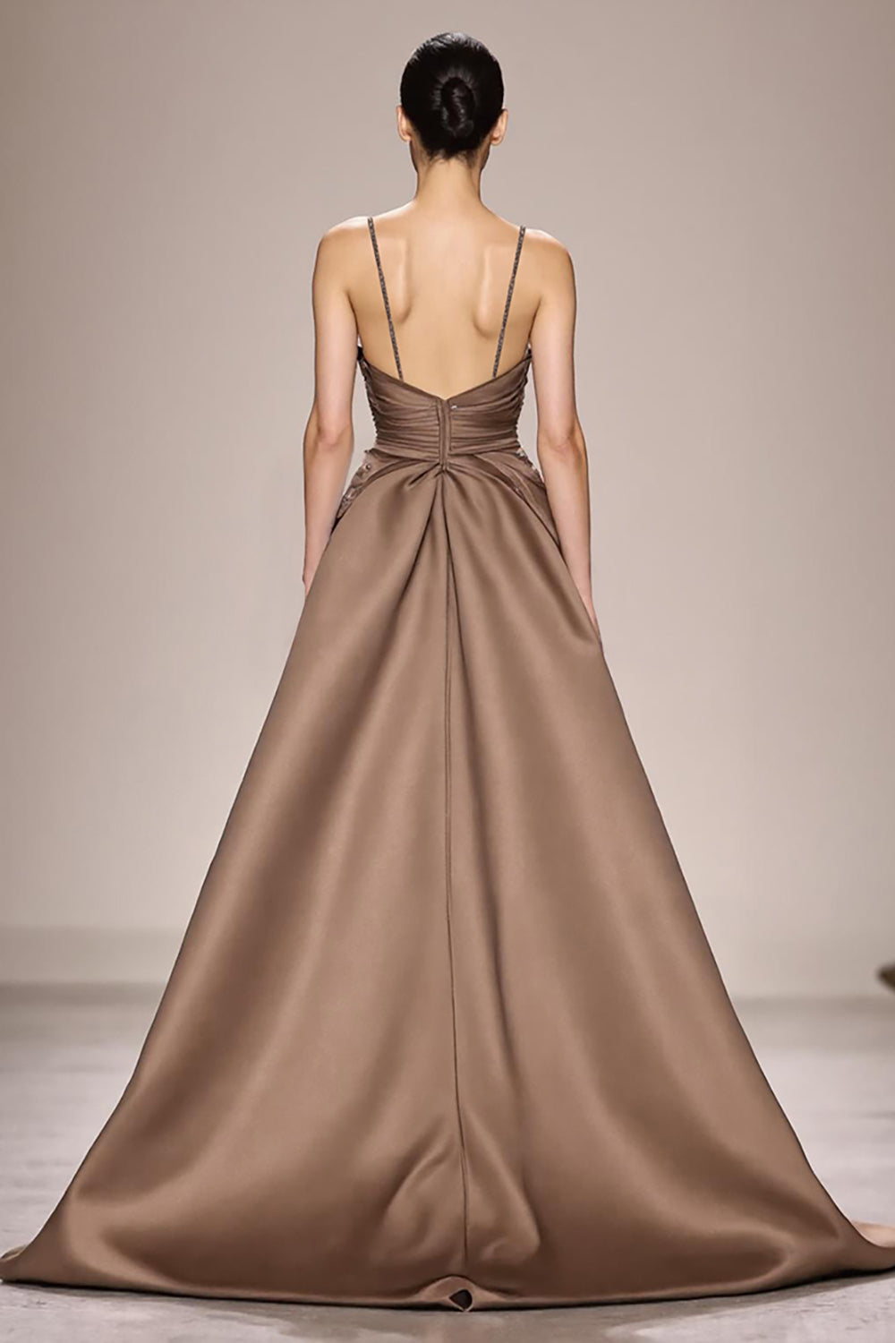 Sparkly Coffee Satin Ruched A Line Long Formal Dress With Slit