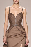 Sparkly Coffee Satin Ruched A Line Long Formal Dress With Slit