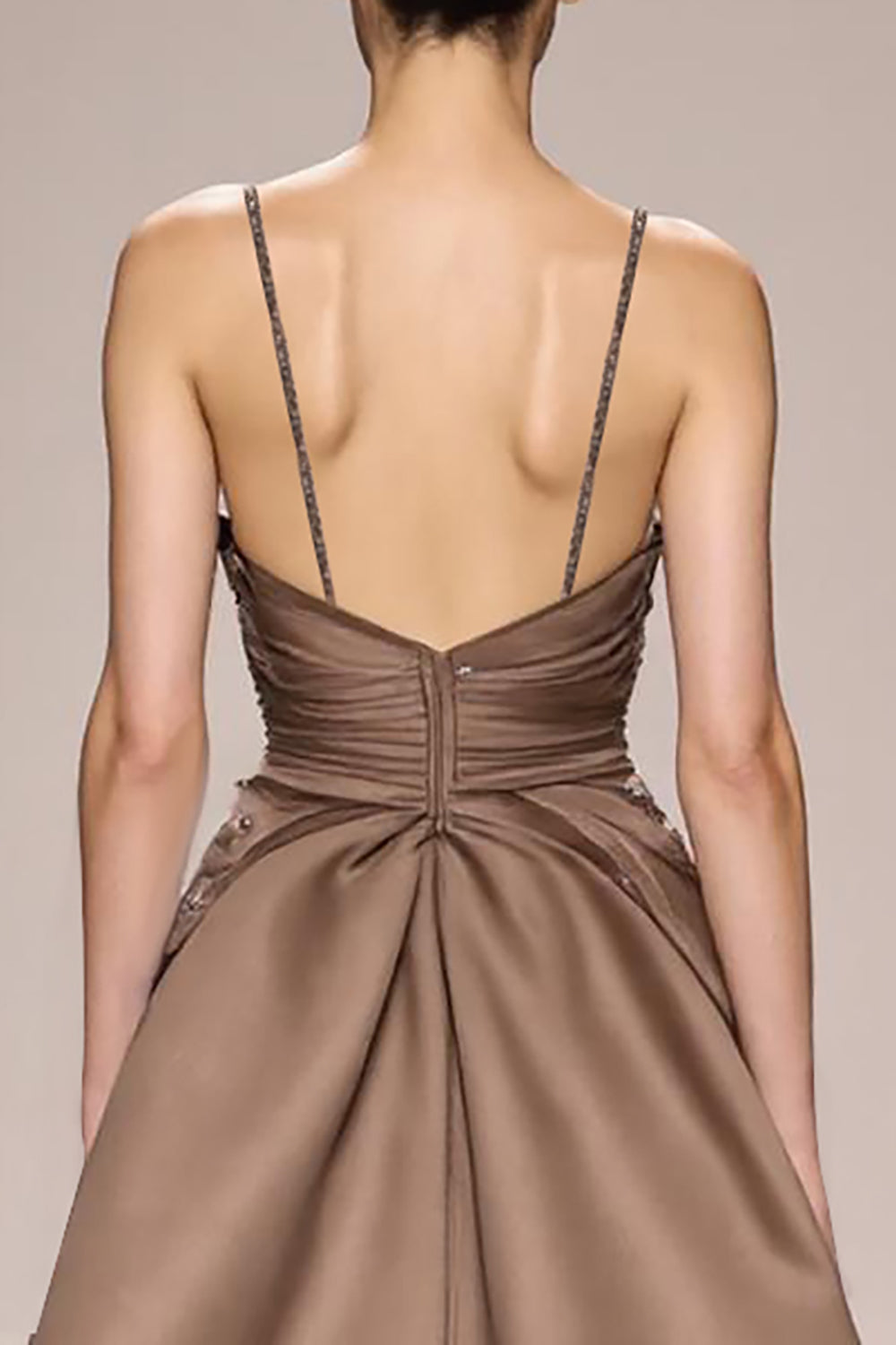 Sparkly Coffee Satin Ruched A Line Long Formal Dress With Slit
