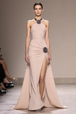 Sparkly Champagne Satin Halter Floral Long Formal Dress