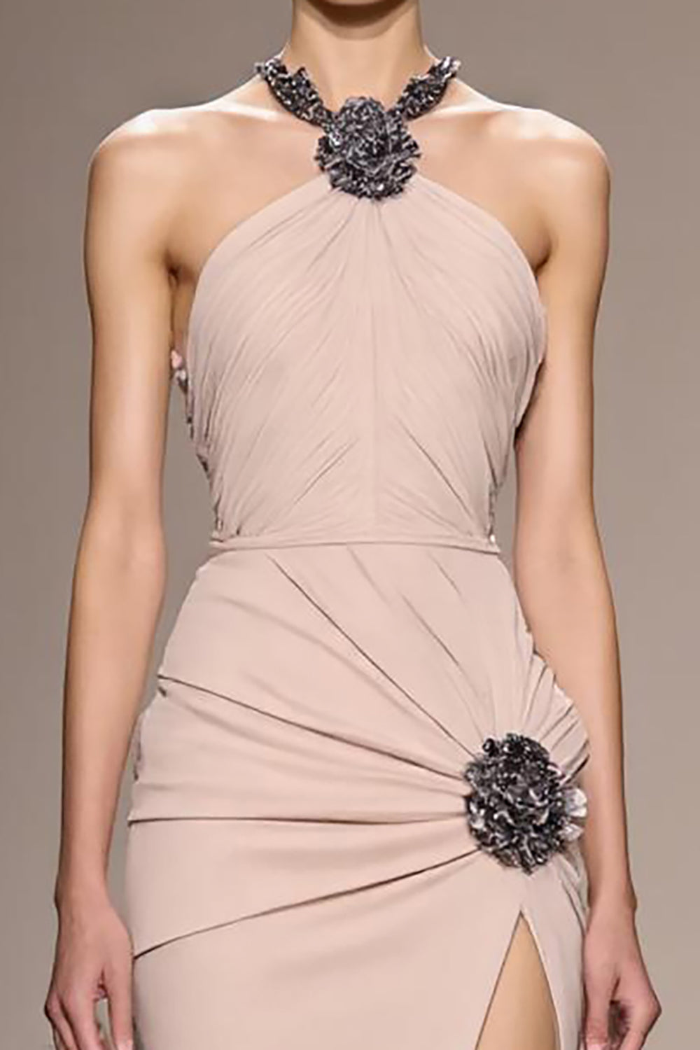 Sparkly Champagne Satin Halter Floral Long Formal Dress