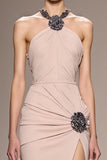 Sparkly Champagne Satin Halter Floral Long Formal Dress