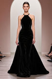 Black Velvet A Line Halter Long Formal Dress