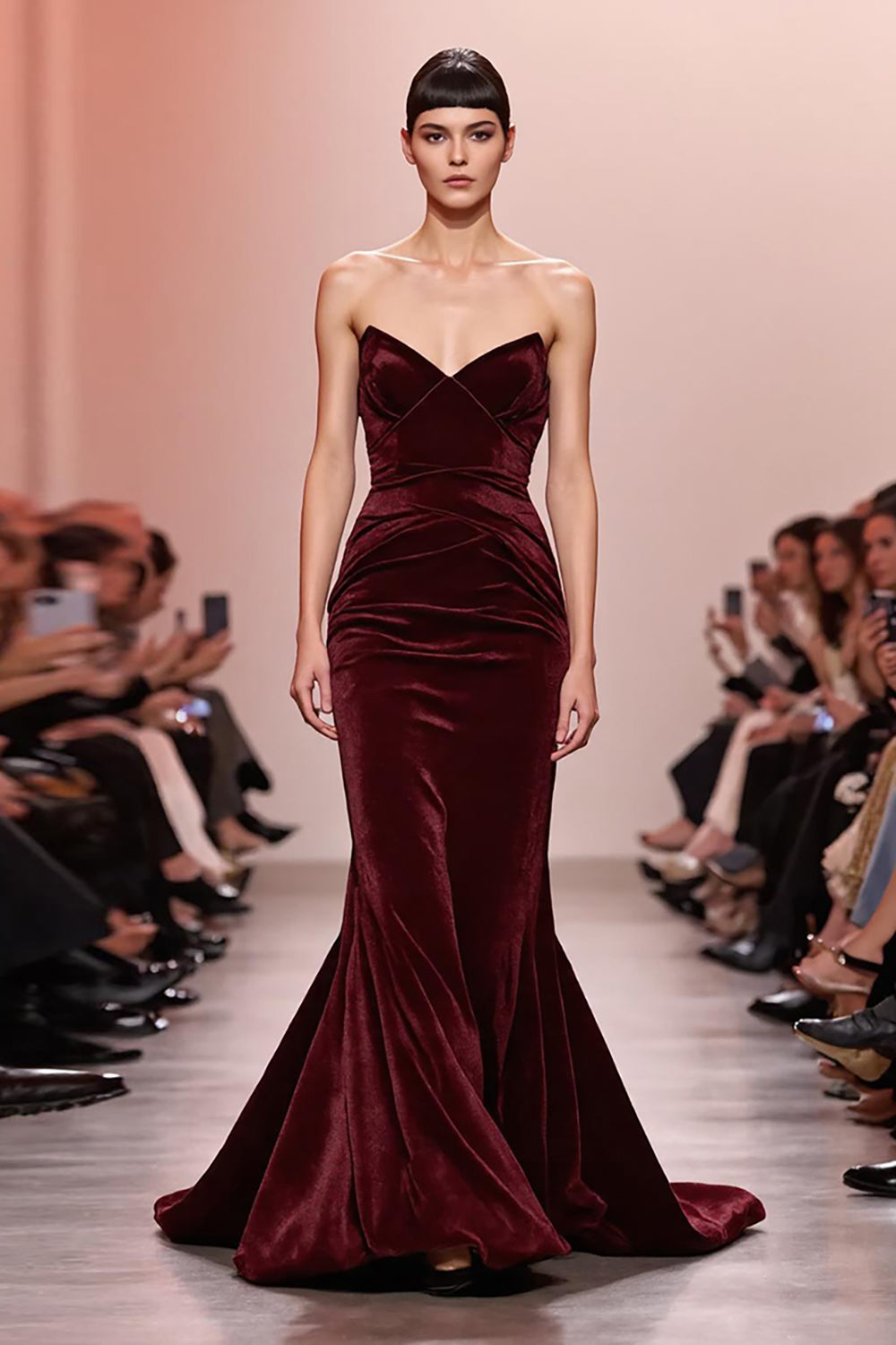 Dark Red Mermaid Velvet Strapless Long Formal Dress