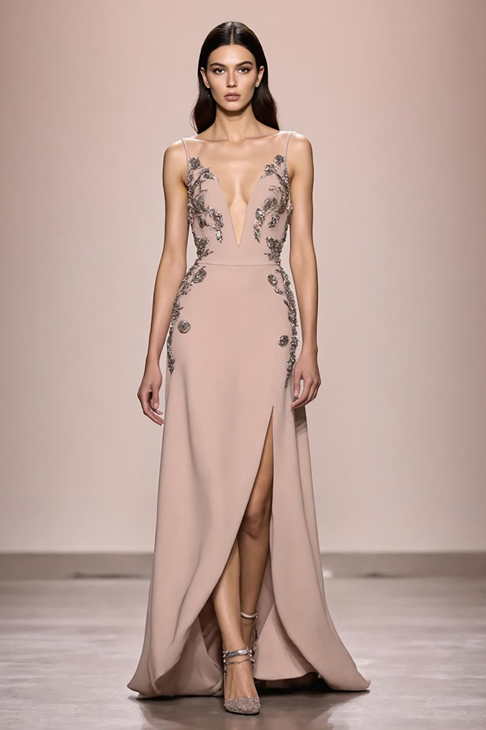Champagne A Line Appliqued Long Satin Formal Dress with Slit