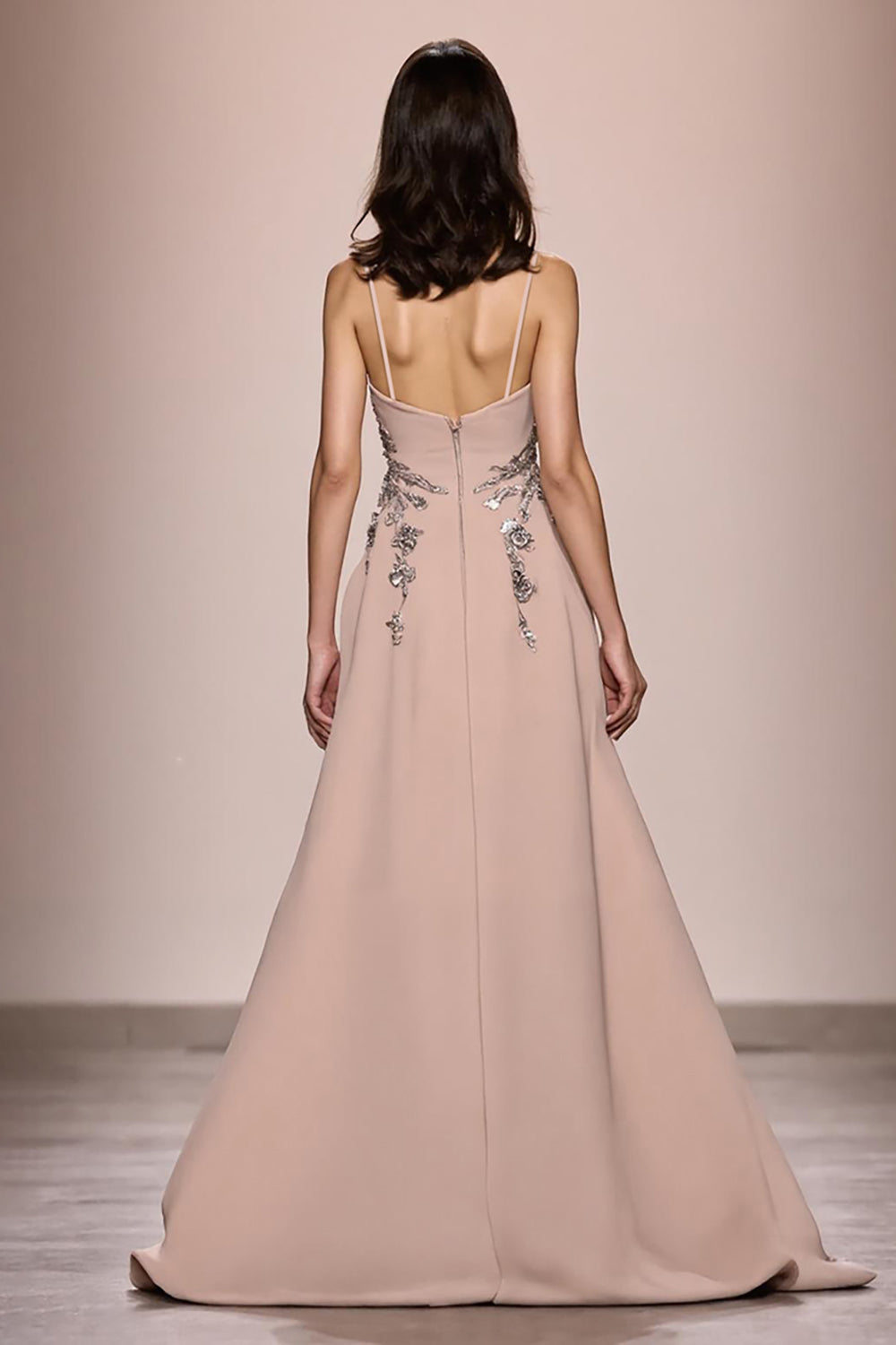 Champagne A Line Appliqued Long Satin Formal Dress with Slit