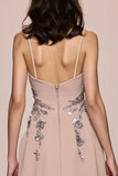Champagne A Line Appliqued Long Satin Formal Dress with Slit