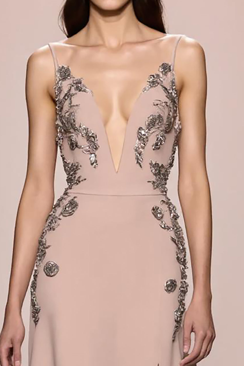 Champagne A Line Appliqued Long Satin Formal Dress with Slit