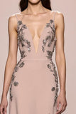 Champagne A Line Appliqued Long Satin Formal Dress with Slit