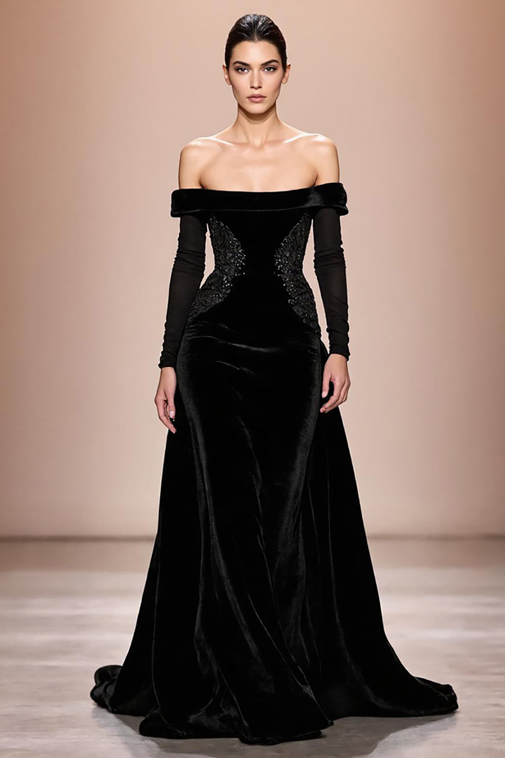 Sparkly Black Velvet Off The Shoulder Long Sleeves Formal Dress