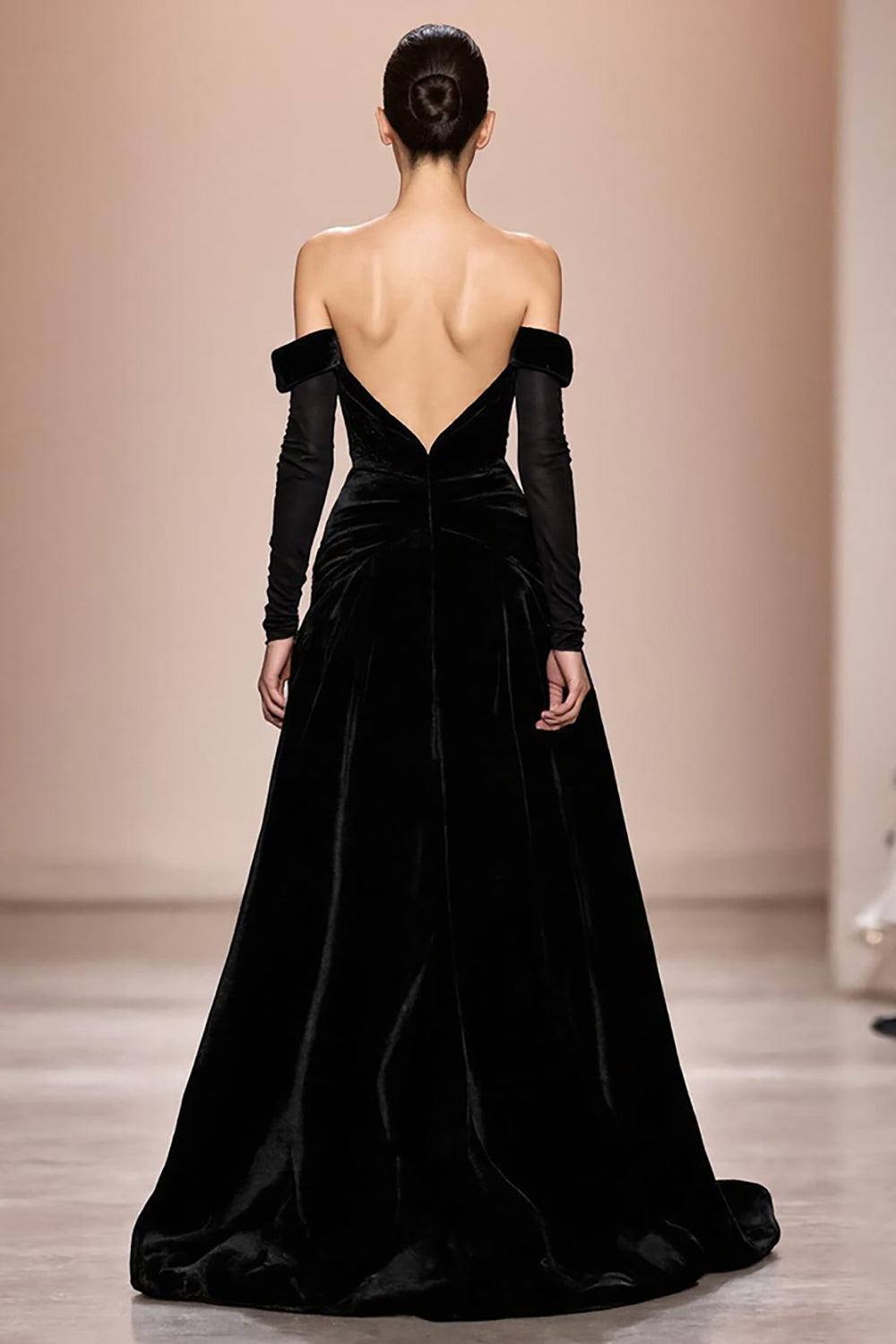 Sparkly Black Velvet Off The Shoulder Long Sleeves Formal Dress