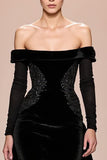 Sparkly Black Velvet Off The Shoulder Long Sleeves Formal Dress