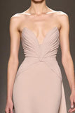 Champagne Satin Strapless Ruched Maxi Formal Dress