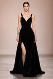 Black A Line Velvet Backless Long Formal Dress with Slit