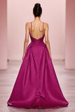Plum Satin A Line Ruched Spaghetti Straps Long Formal Dress
