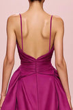 Plum Satin A Line Ruched Spaghetti Straps Long Formal Dress