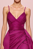 Plum Satin A Line Ruched Spaghetti Straps Long Formal Dress
